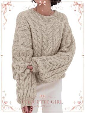 Women Cable Knit Sweater Oversized Balloon Sleeve Crew Neck Pullover